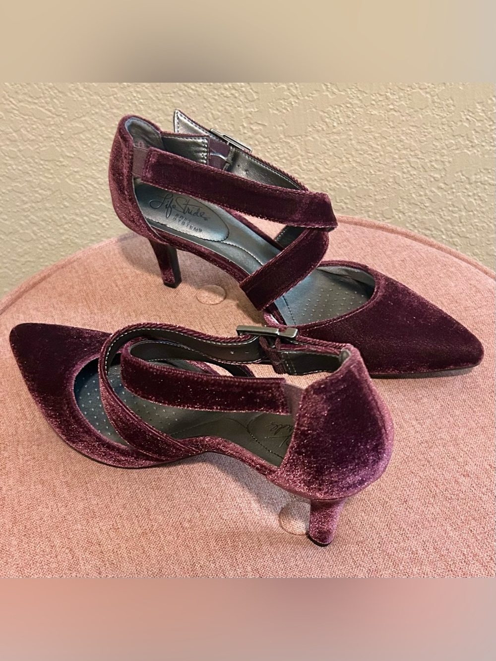 Life Stride Burgundy Velvet Crisscross Heels